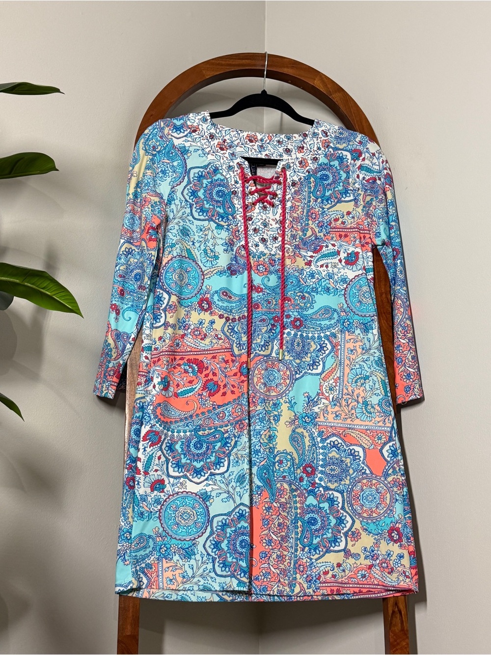 Aqua Et Sol MEDIUM Blue Paisley Lace Up Tunic Top Dress UPF 50